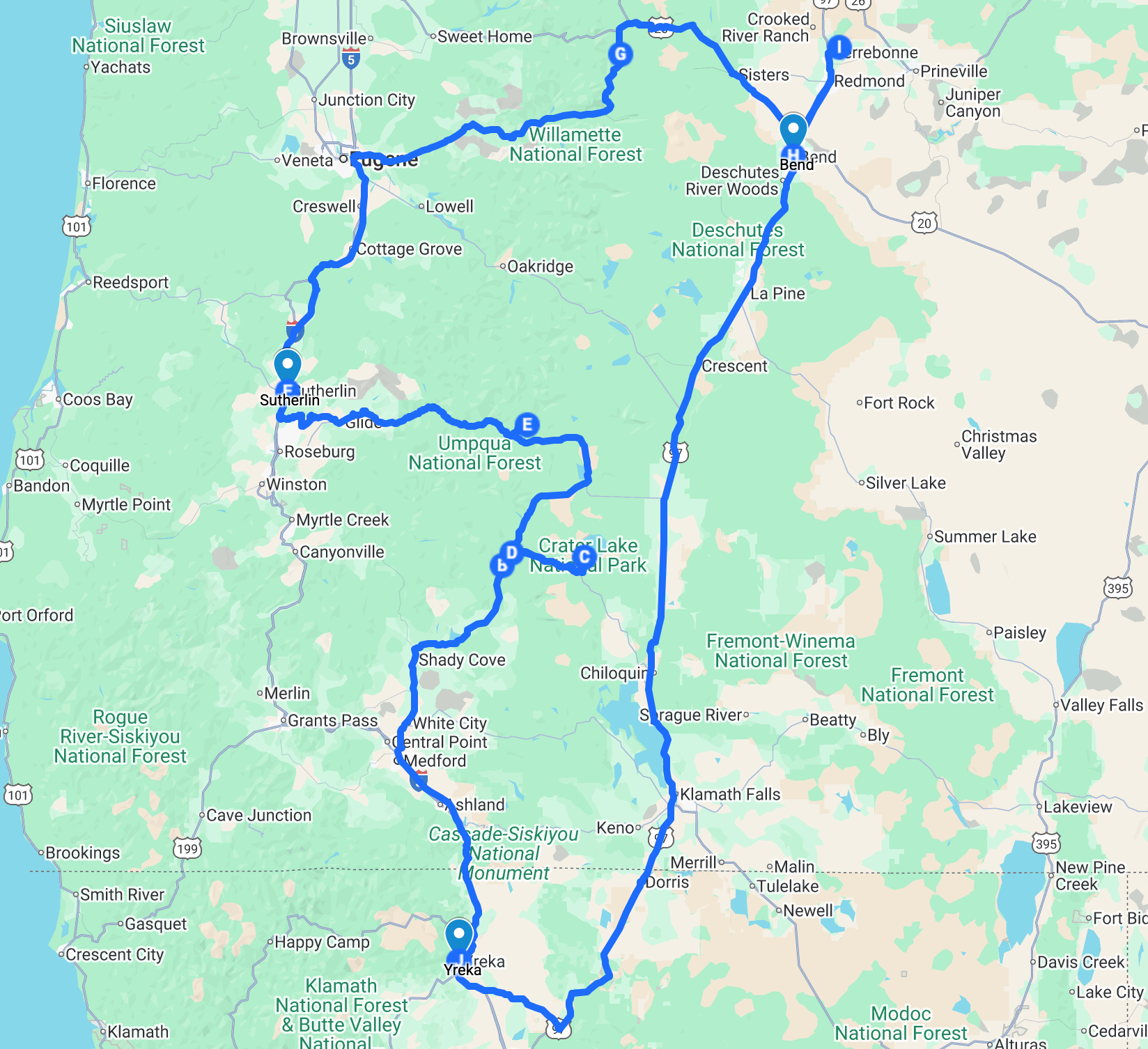 Oregon Road trip route