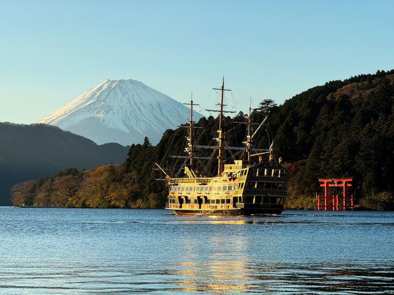 A view of Mt Fuji over lake Ashi