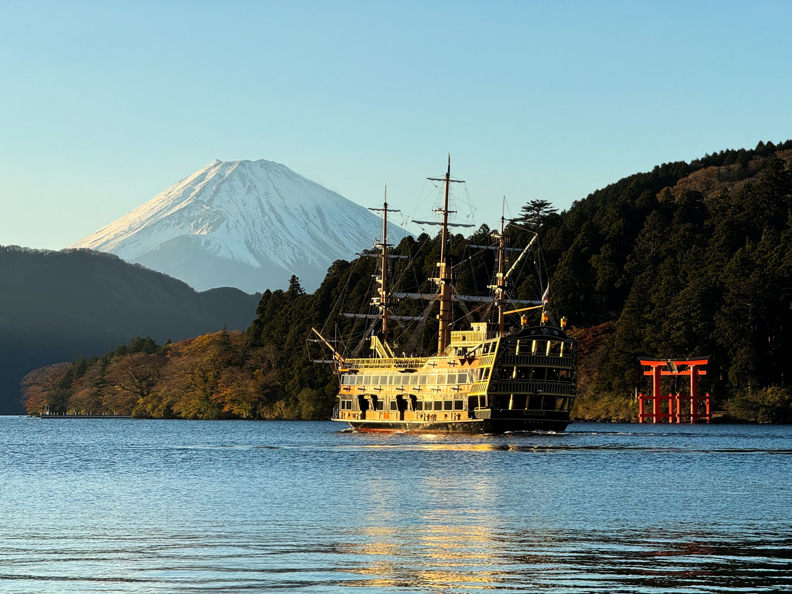 A view of Mt Fuji over lake Ashi